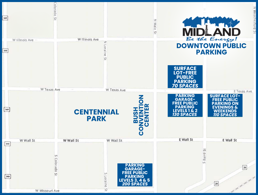 Map of Downtown Midland public parking locations including parking garages and surface lots near Cen…