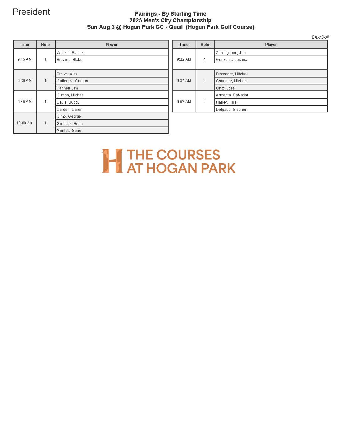 SUN President Tee Times